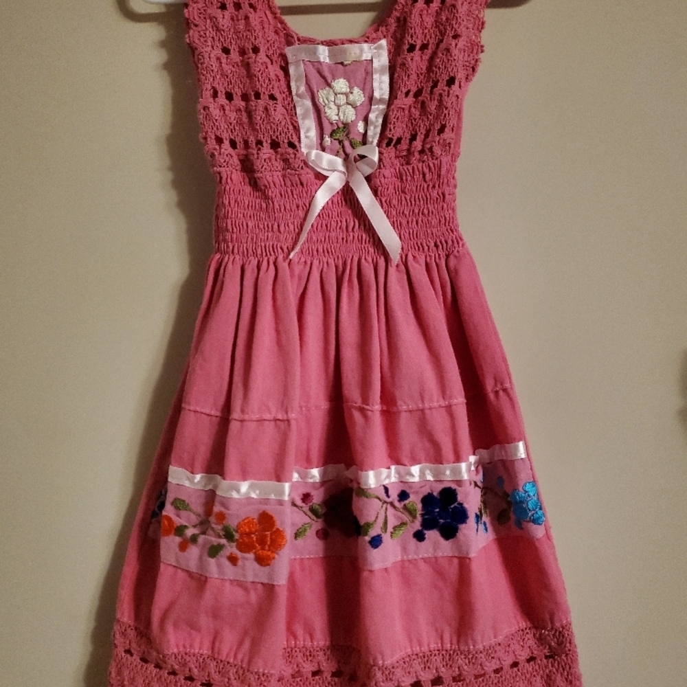 Pink Casual Kids Dress with Floral Embroidery